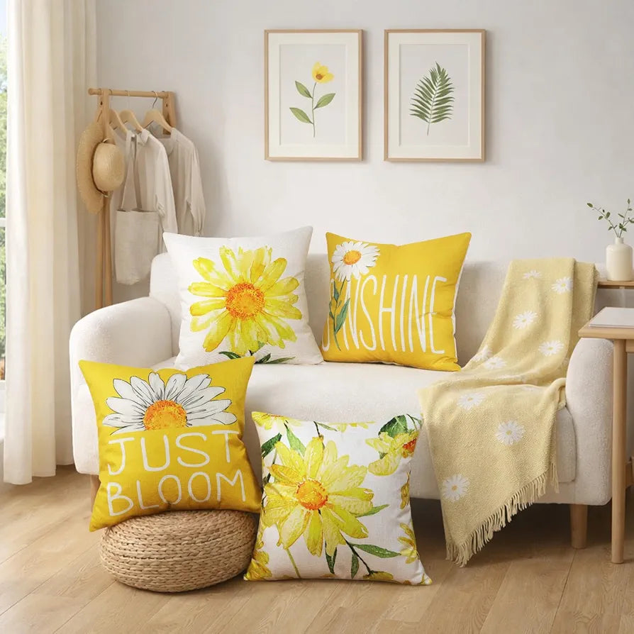 Yellow Daisy Sunflower Throw Pillow Covers 18x18 Set of 4
