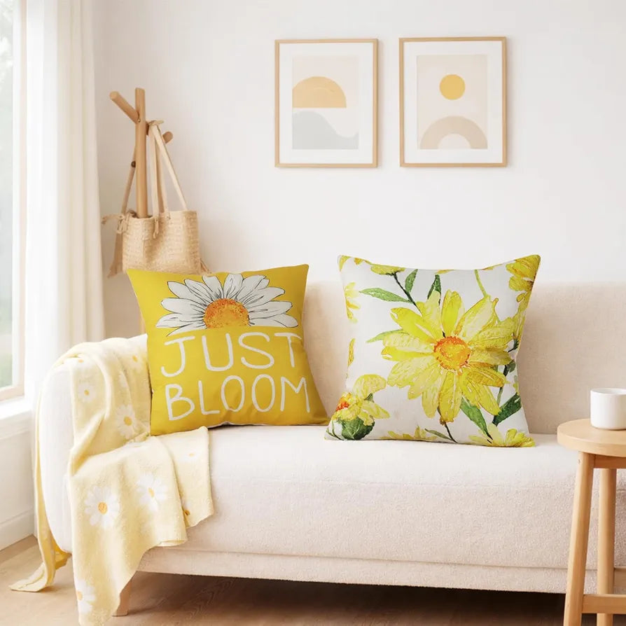 Yellow Daisy Sunflower Throw Pillow Covers 18x18 Set of 4